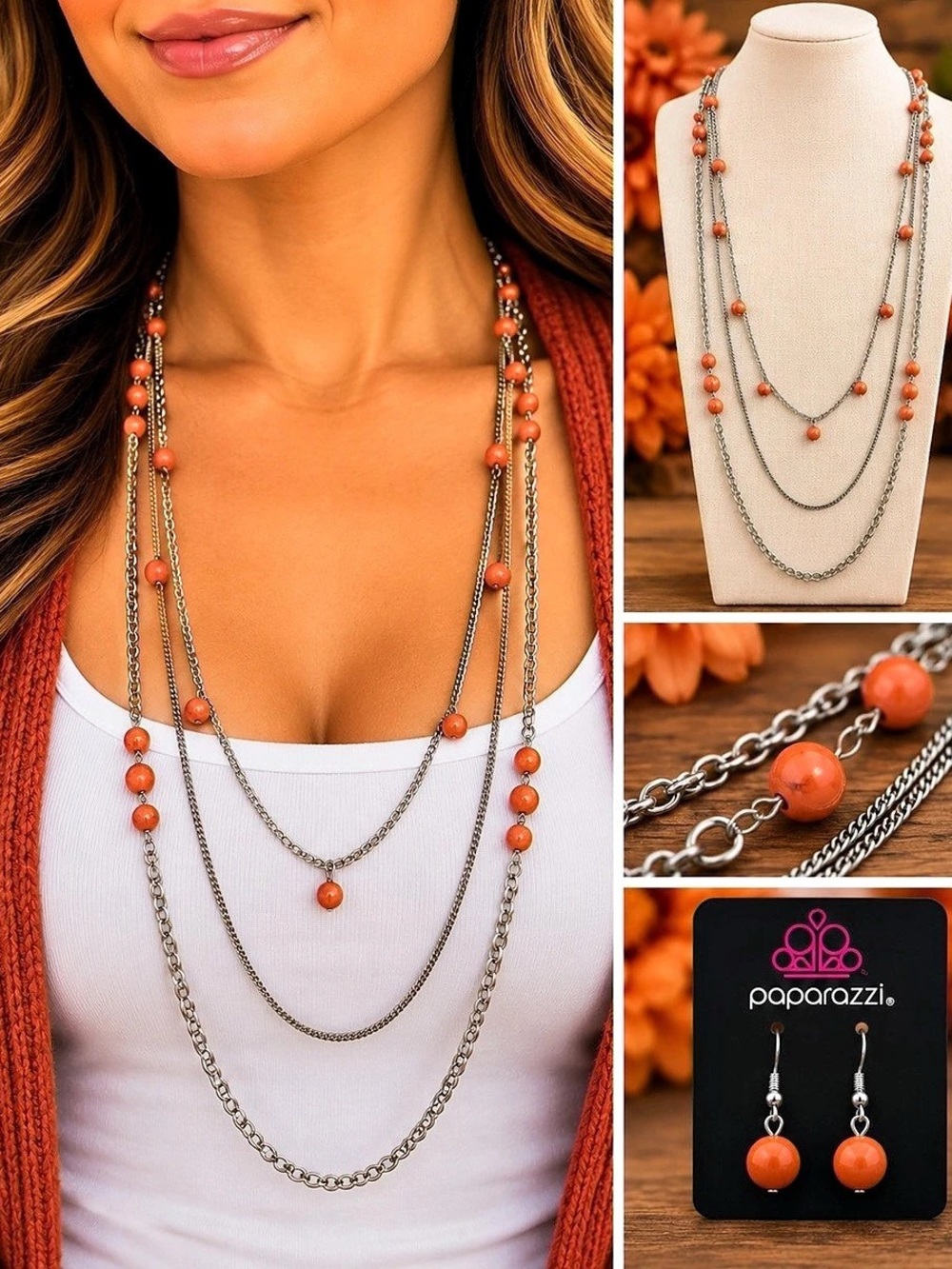 Paparazzi Layered Beaded Necklace & Earrings in Orange & Silver NWT